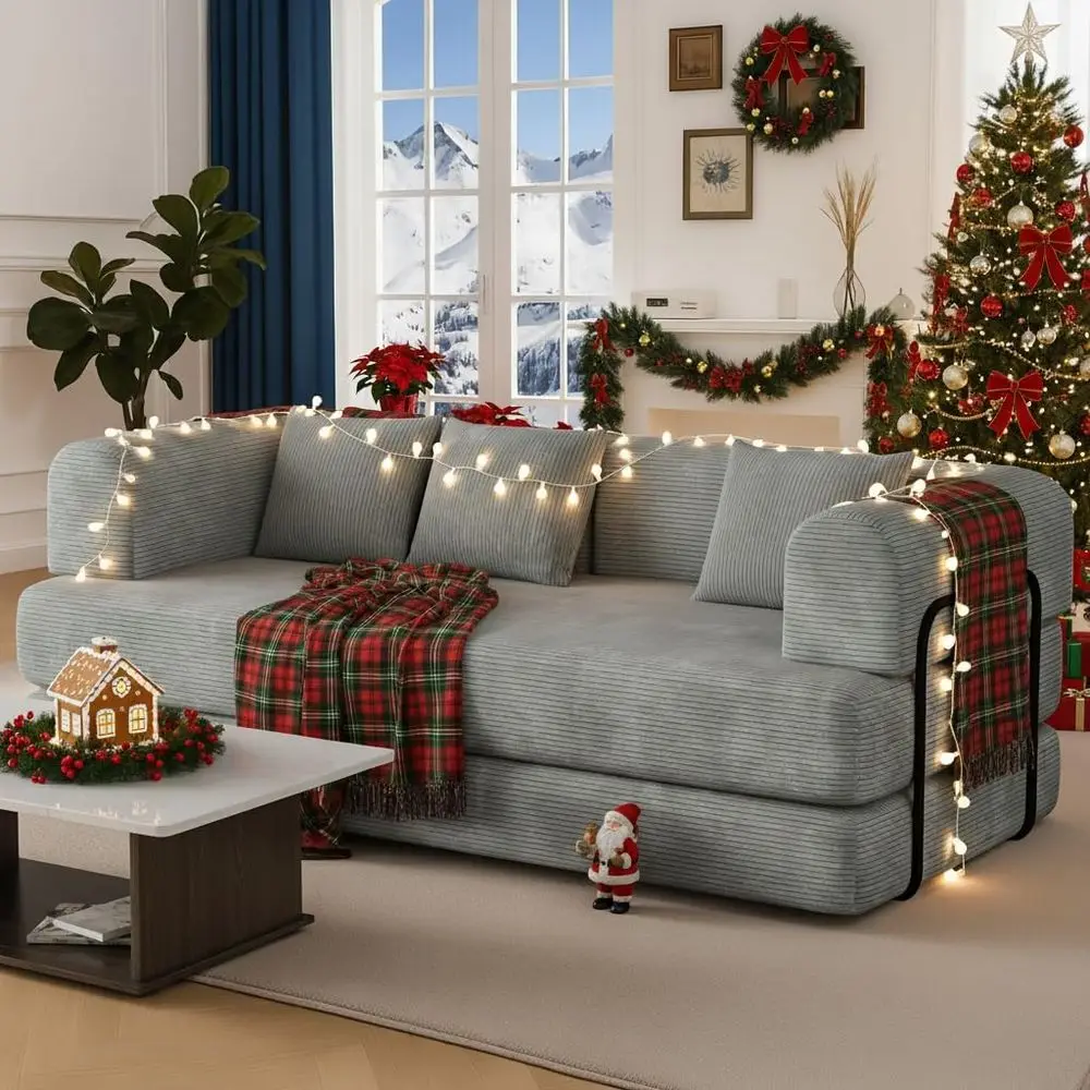 

Серый вельветовый раскладной диван-кровать с глубоким сиденьем и 3 подушками для гостиной, сборка не требуется