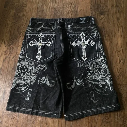 Imagen 2 del producto Y2K moda nuevo bordado de gran tamaño pantalones cortos de mezclilla sueltos hombres gótico Punk Hip Hop moda Casual Joker pareja pantalones de baloncesto