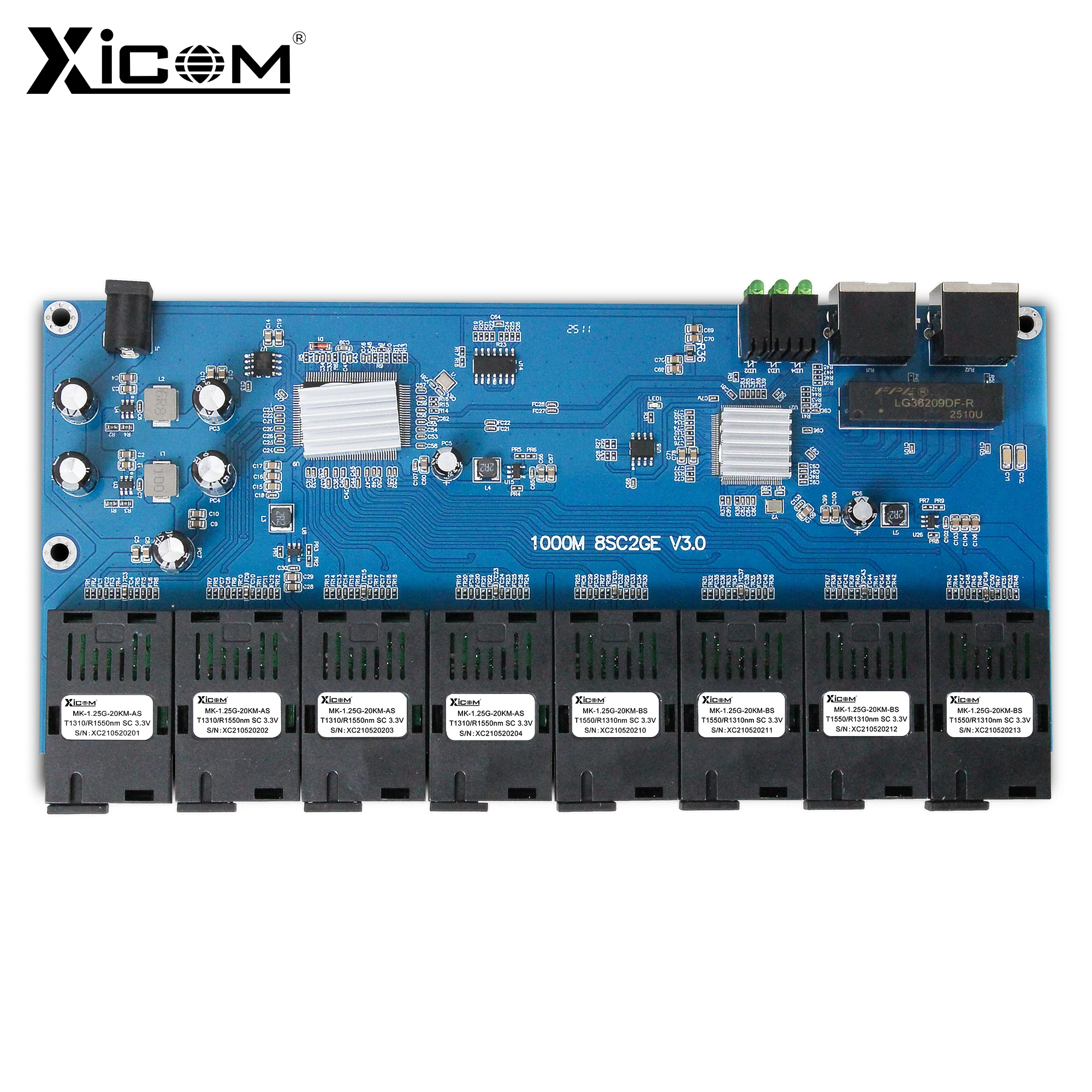 Xicom Gigabit Fiber Optic Media Converter 8 SC Optic 2 RJ45 Fiber Metro Board 100/1000M 8F2E PCBA Board for Camera/CCTV/Switch