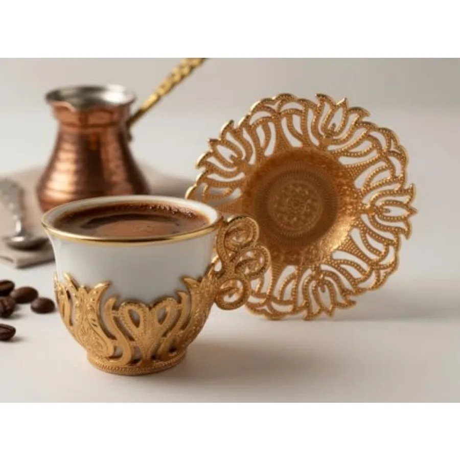 Turkish Coffee Cup Set for Home Use White Porcelain and Zinc Metal with Turkish Motifs Gold Trim 6 Cups and Saucers view 3