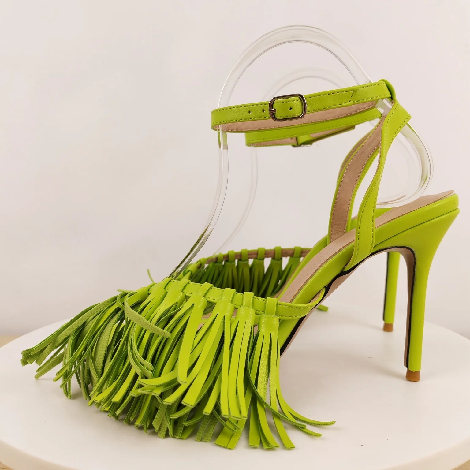 Women's Lime Green Suede Tassel Heeled Sandals Square Open Toe with Ankle Strap Stiletto Heel for Summer Vacations Beach Days view 3