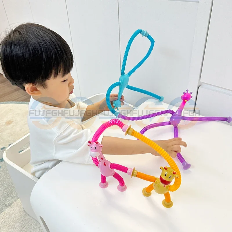 Creative Suction Cup Giraffe luminous Squeeze Toy Changeable Cartoon Telescopic Tube for Kids Decompression Toys Puzzle Pop Tube