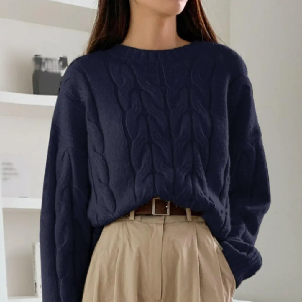 

Women's Twist Pullover Sweater Pure Color round Neck Knitwear Top Loose Fit Trendy Versatile Autumn Winter Fashion by