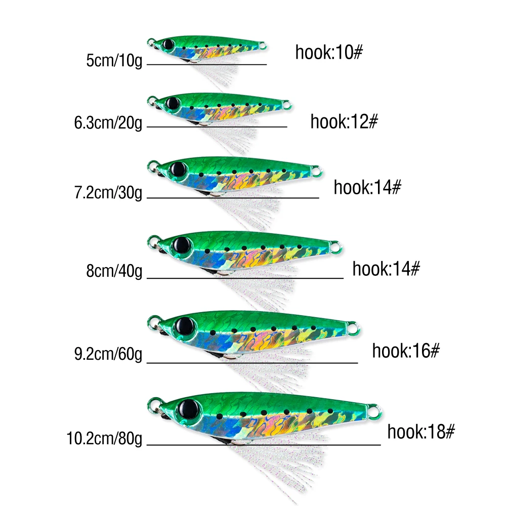 1 Stück sinkende Jig 10 g/20 g/30 g/40 g/60 g/80 g Metallgussköder leuchtender künstlicher harter Köder mit doppelten Hilfshaken und Seide – Detail 8