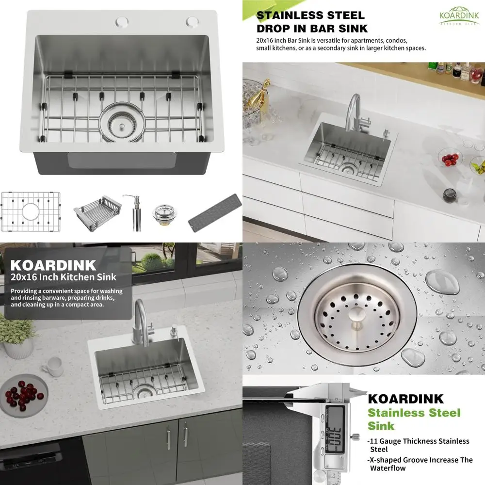 

Современная вставная кухонная и барная раковина из нержавеющей стали 20x16 дюймов с одной чашей и решеткой и силиконовыми аксессуарами