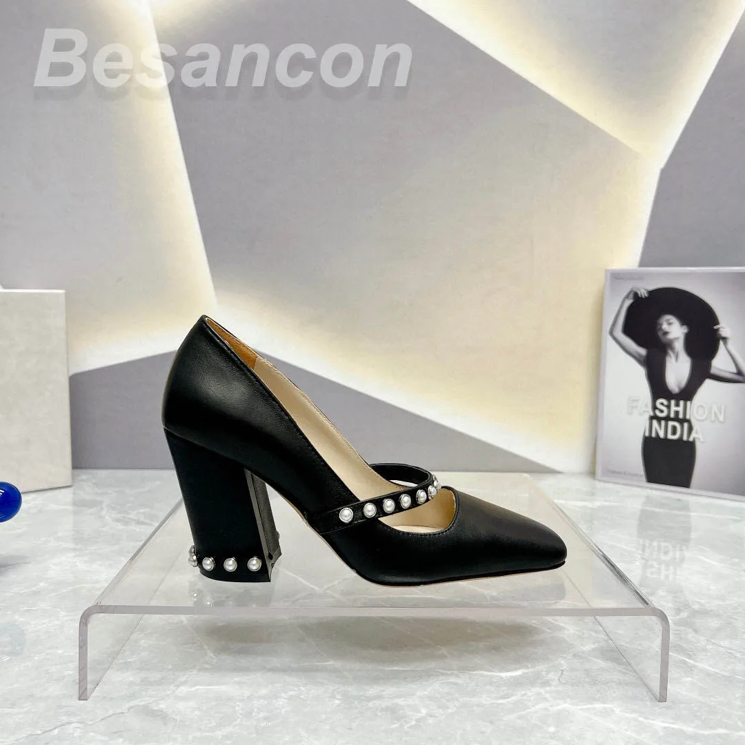 Beasancon 2023 New models Women's high heels dress shoes 8.5cm Leather sole Office Square toe Soft Comfortable Designer Pearls