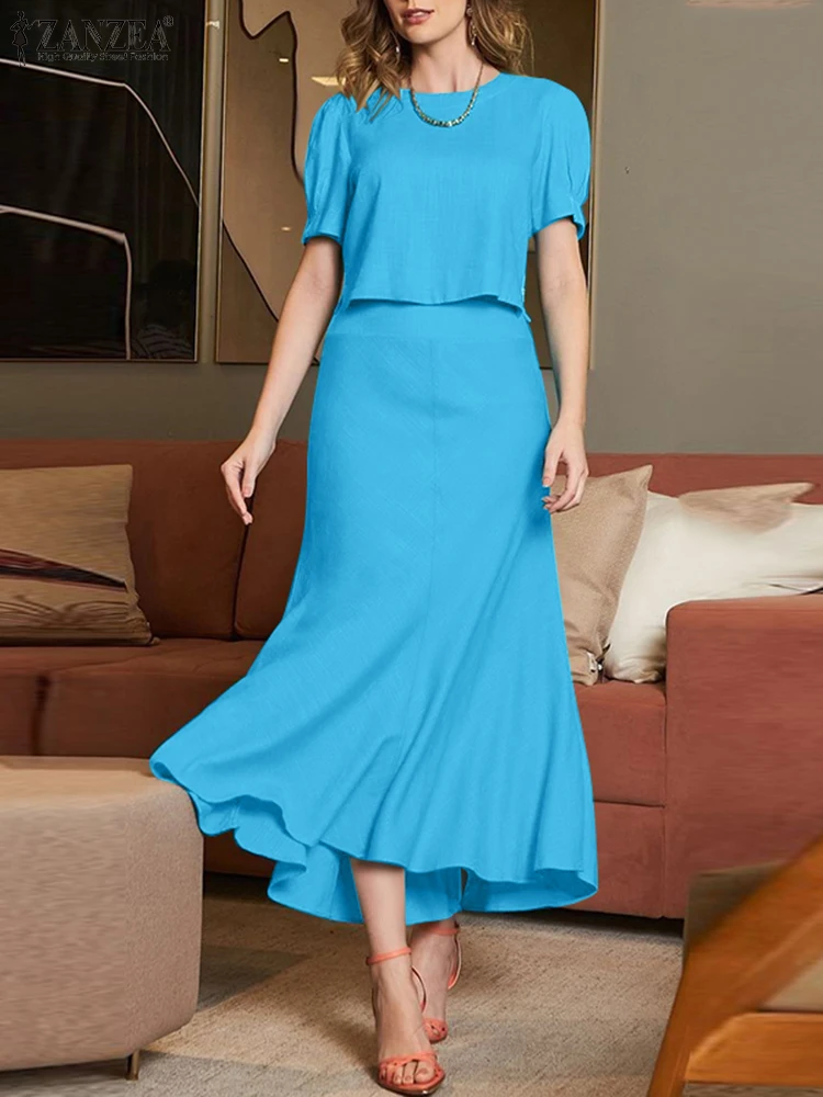 ZANZEA Fashion Summer Outfits 2PCS Women Dress Sets Solid OL Work Tracksuit Elegant Short Sleeve Blouse Sundress Two Pieces Sets
