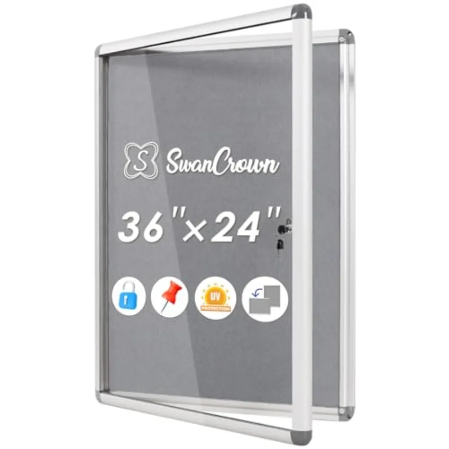 

Настенная панель-витрина для объявлений 36x24 дюйма, с защитой от несанкционированного доступа, на замке, серая фетровая доска, для офиса, школы, дома, алюминиевая рама