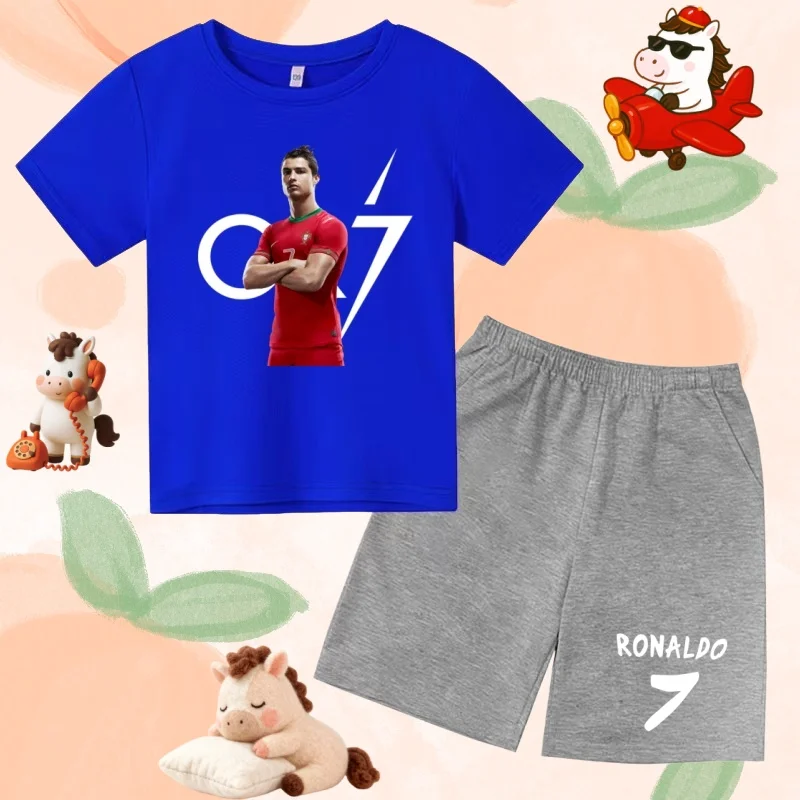 

CR7 Football Kids Summer Match Training Boys Girls 3-12Y Round-Neck Charming T-shirt Casual Coat Short-Sleeved+Shorts Sports Set