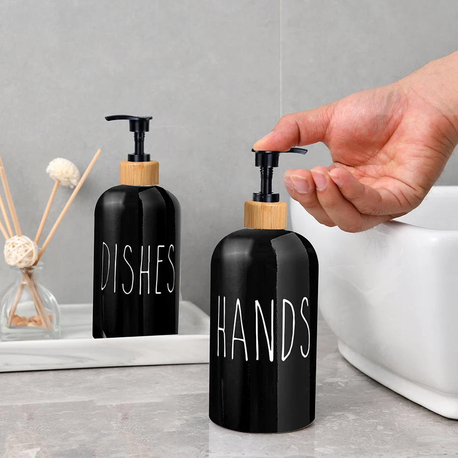 Glossy Black White Hands and Dishes Dispenser Set Kitchen Sink Countertop Caddy Organizer Soap Dispenser Bottle with Scrub Brush