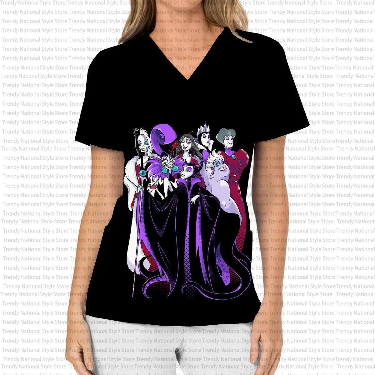 ハロウィンディズニー睡眠悪魔プリント女性の作業服女性の V ネックポケットスクラブトップ医療研究所看護 Tシャツ