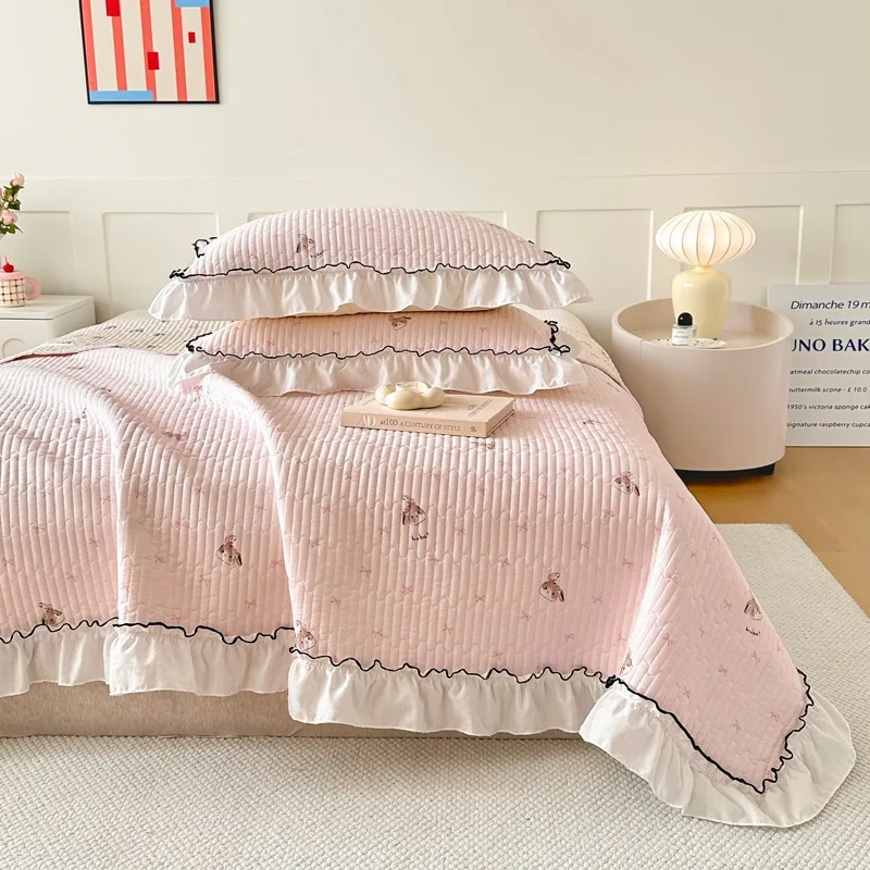 Korean Lace Ruffles Spring Bedsheet Princess Quilted Bedspread Air-conditioning Blanket Single Double Sheet Mattress Cover