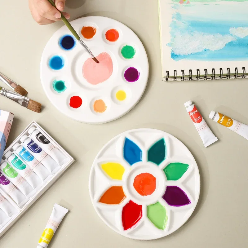 Flower Ceramic Palette Color Mixing Round Paint Palette Tray For Watercolor Gouache Acrylic Painting Art Supplies