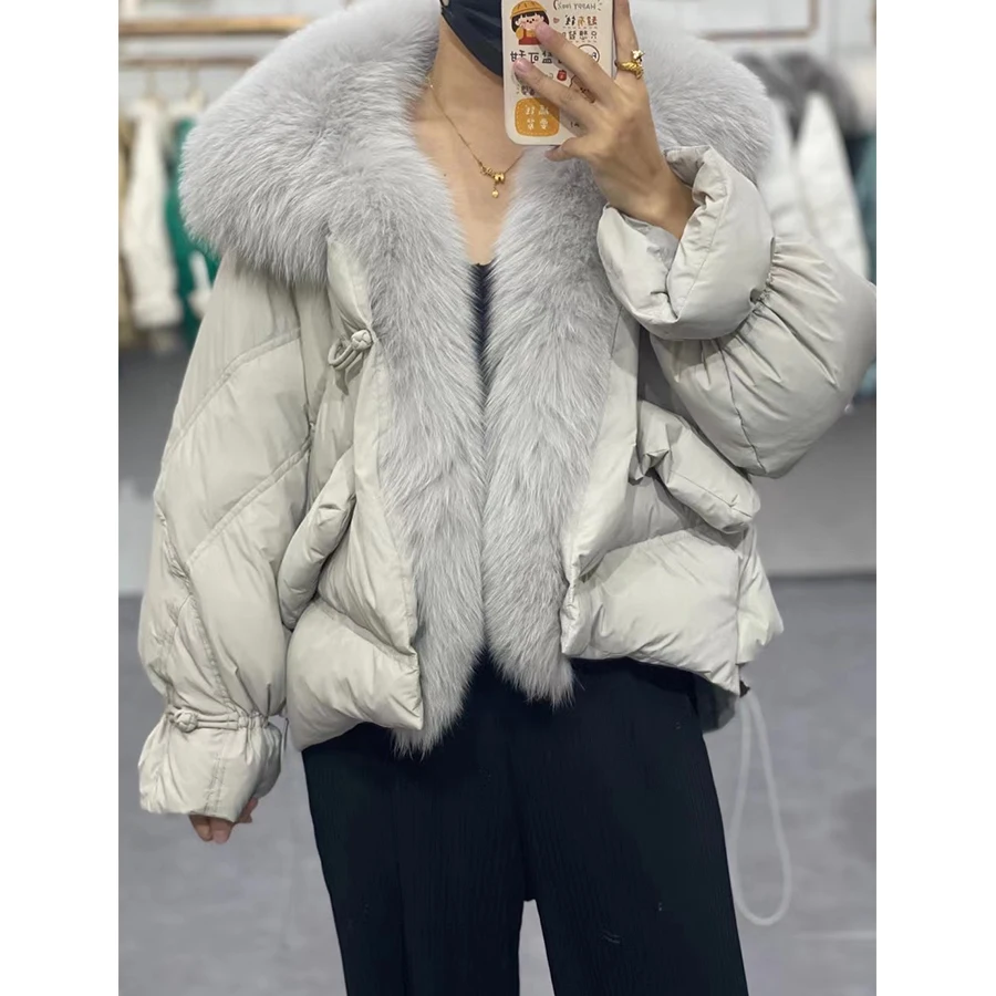 MENINA BONITA 2023 Fashion Real Fur Coat Women Goose Down Jacket Luxury Brand Natural Silver Fox Fur Collar Coat Warm Streetwear