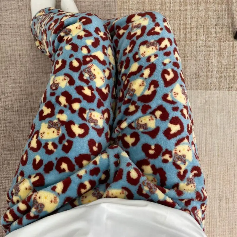 New Cartoon Pajamas Hello Kitty Flannel Women's Autumn Winter Thickened Velvet Warm Pajamas Home Wear Trousers Cute Hot Style