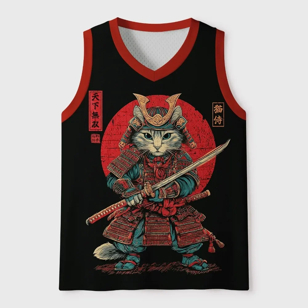 Summer New Japanese Ukiyo-e Samurai Cat  3D Printed V-Neck Men's Large-Sized Vest  -Trendy Outdoor Casual Breathable Sports Vest