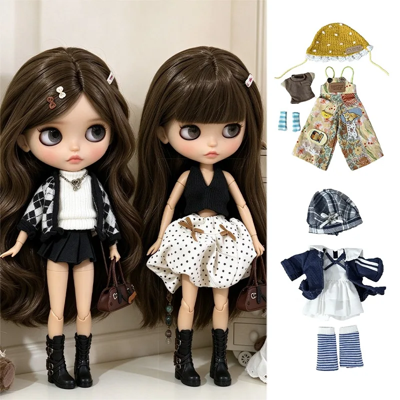 For Blythe Doll Outfit Clothes Vintage Polka Dot Skirt Vest Checkered Knit Coat Shoes Set For OB24 OB22 Small 1/6 Azone Doll