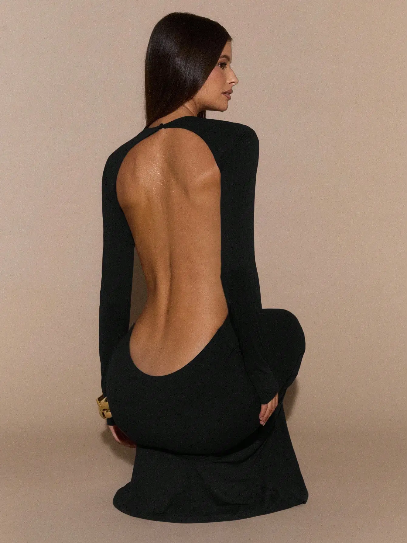 

Black Long Sleeve Backless Fitted Mermaid Dress for Evening Events