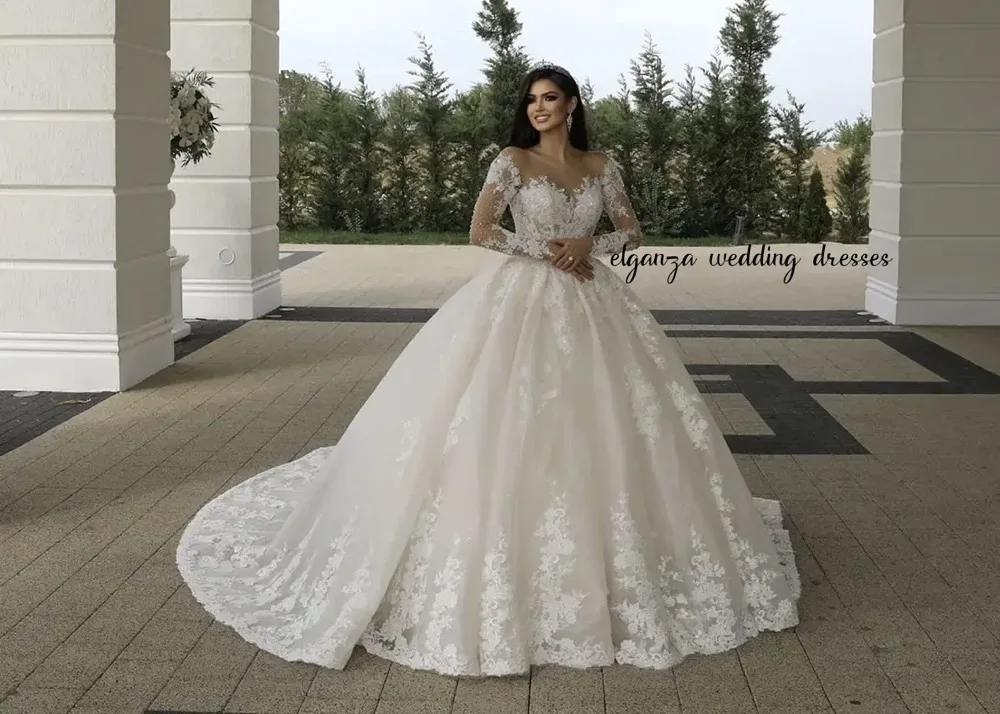 

Customized Luxury Neck Church Wedding Dresses Long Sleeve Lace Beading See Through Bride Dress Ball Gown Vestido de novia