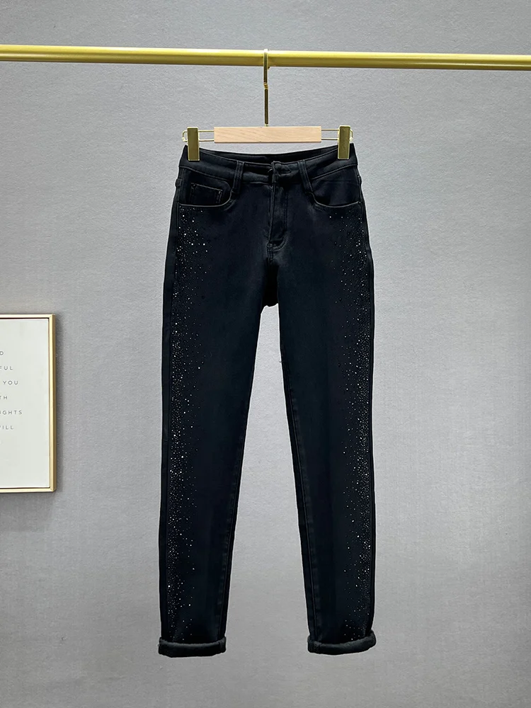 

Black Fleece Lined High Waist Thick Winter New Women's Jeans Slim Fit Bootcut Diamond Embellished Cotton Stretch Denim Pants