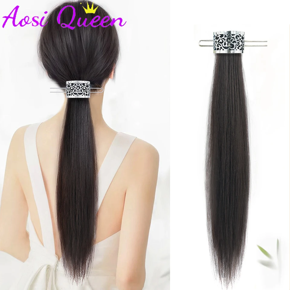 AOSI Synthetic Ponytail Ladies Chinese Silver Hollowed-out Hairpin Long Straight Ponytail Extensions for Women