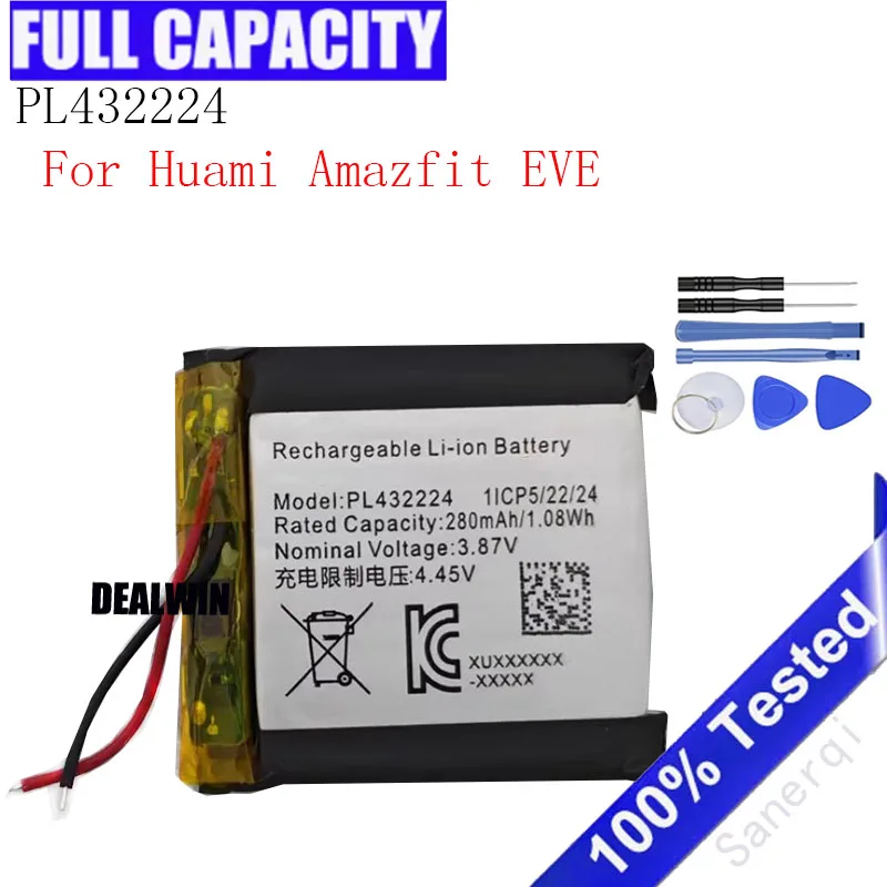PL432224 Replacement Watch Battery For Huami Amazfit EVE PL 432224 280mAh Batteria + Free Tools