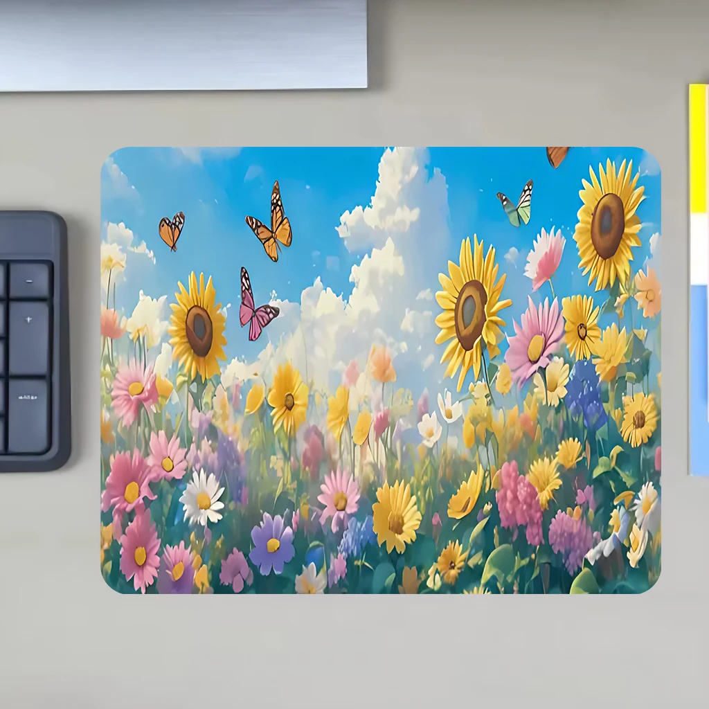 Butterfly Blue Sky Mouse Pad - Oversized desk pad, anti-slip rubber base, office and game mouse pad, bright floral design, durab