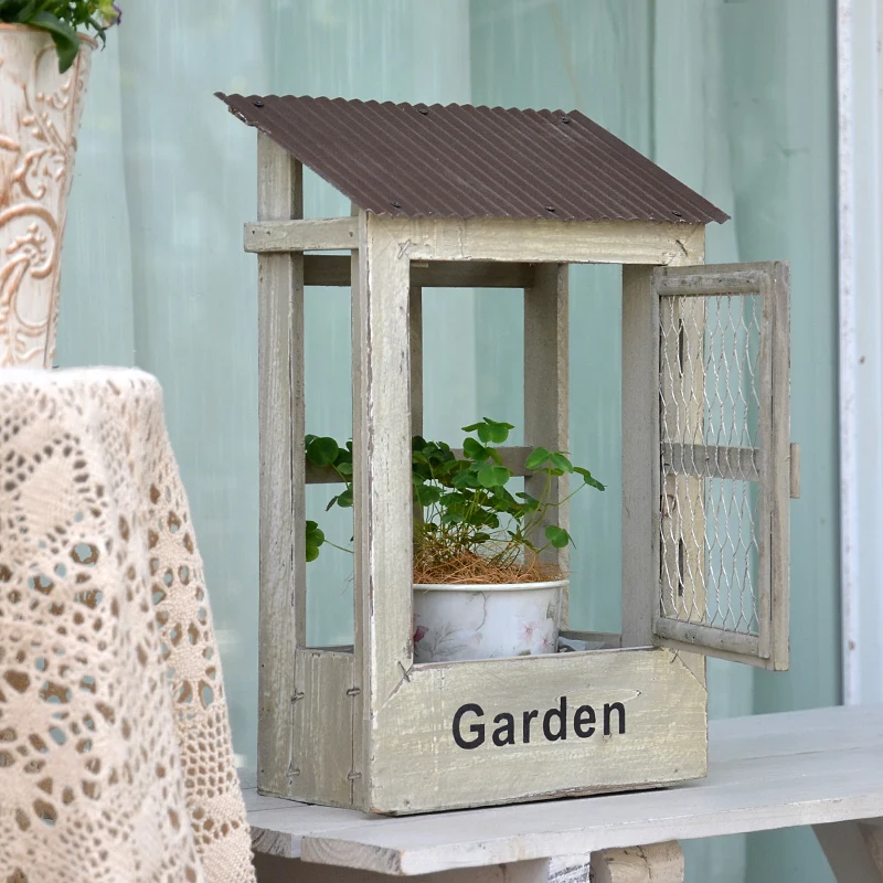 Wooden Cottage Style Wall Planter Tin Roof Wire Door