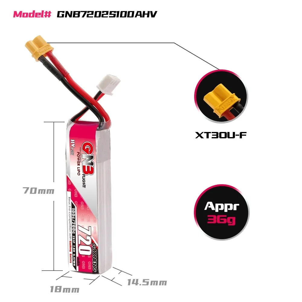GNB 100C LiHV 720mAh 2S/7.6V 3S/11.4V 4S/15.2V Lithium Battery RC XT30 Plug Connector for FPV Racing Drone Tinywoop Frame Kit