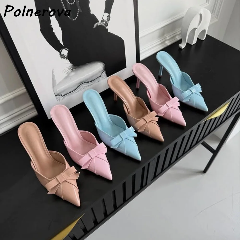 

Pointed Toe Bow Mule Slippers Patent Leather Slip-On Kitten Heel Summer Sandals Solid Sweet Light Color Concise Outdoor Shoes