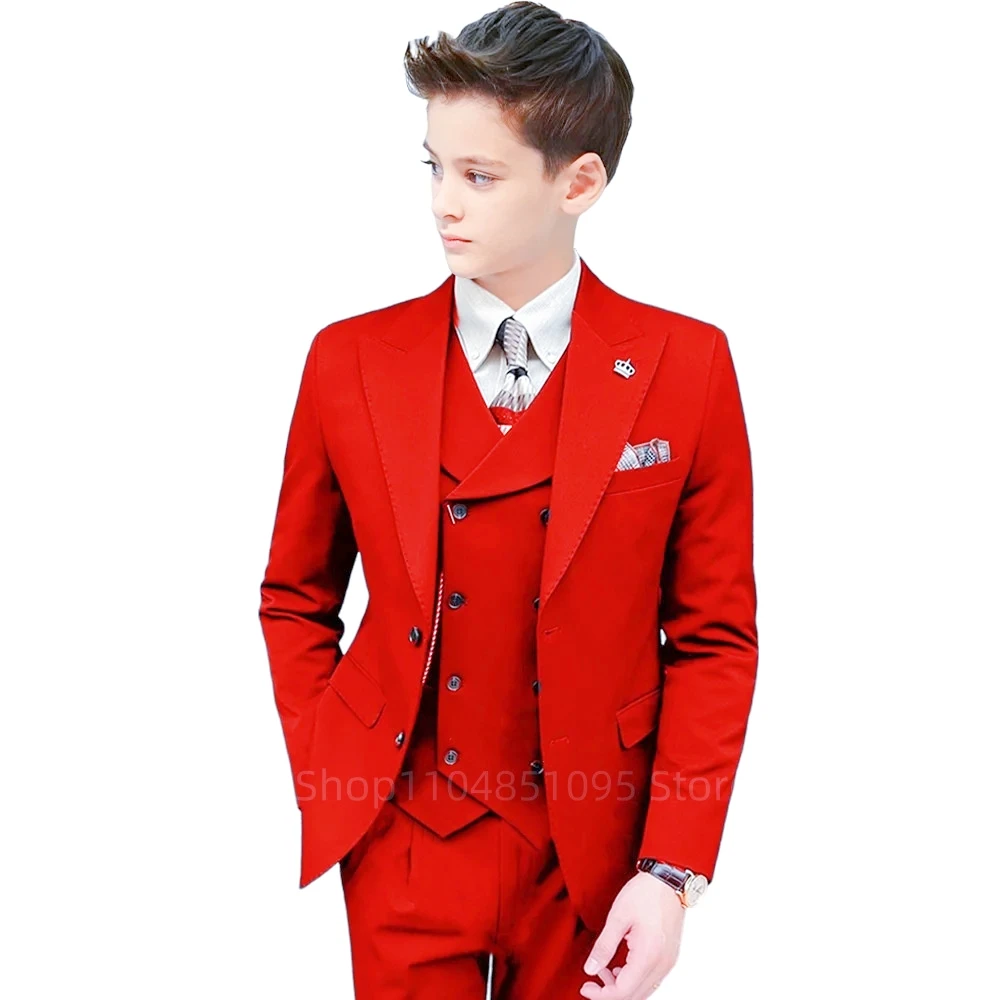 

Red 3 Piece Slim Fit Boy Fashion Suits Cutsom Flower Boy Wedding Tuxedo Prom Wedding Peak Lapel Jacket Vest Pants Children Suit