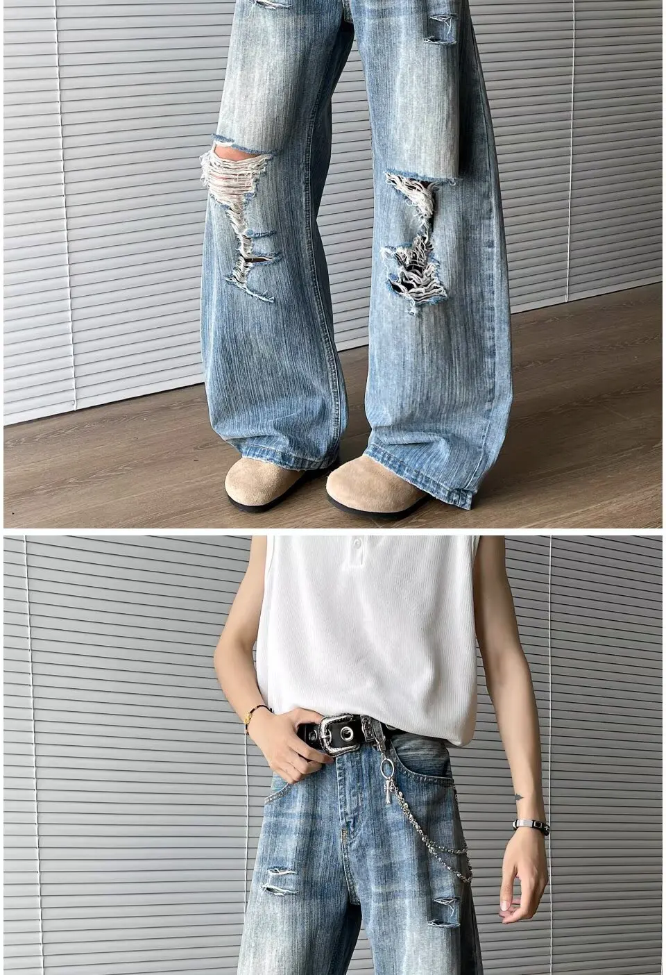 2025 Trashy Y2K Streetwear Washed Blue Baggy Ripped Jeans Hosen für Männer 90er Jahre Vintage Kleidung Straight Distressed Denim Hosen – Detail 8