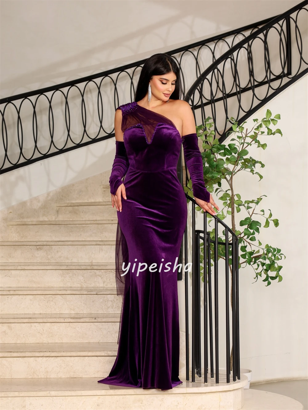 Customized Modern Style Classic Velour Beading Pleat Straight One-shoulder Long Dresses Bespoke Occasion Dresses Sizes Available