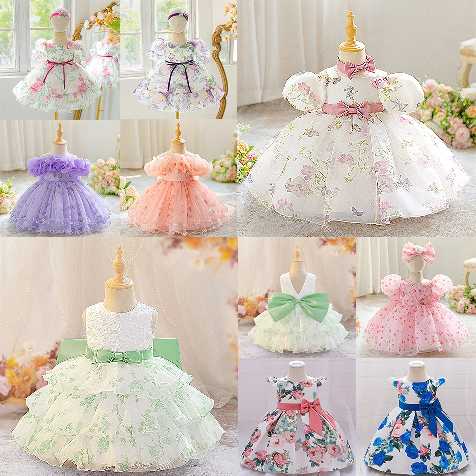 

Toddler Fantasy Bow Mesh Frocks Girls Fairy Floral Print Pageant Princess Dress Children Birthday Party Evening Clothing 6M-3Y