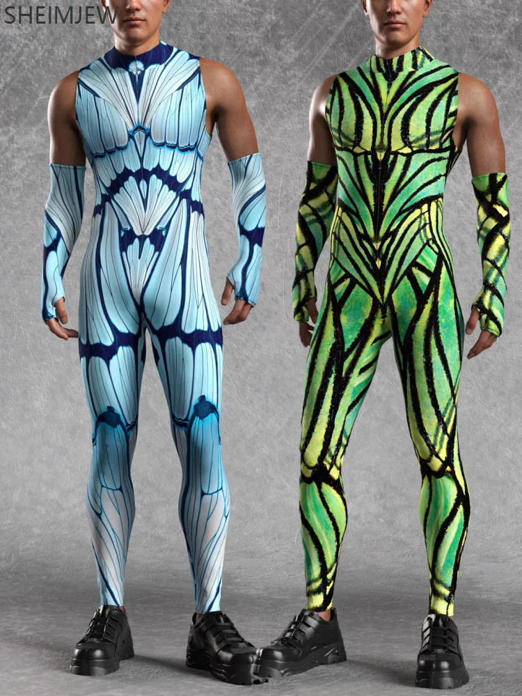 

New Men's Butterfly Line Network Jumpsuit Holiday Halloween Performance Role Play Sleeveless Tight Party Tight Bodysuit Clothing