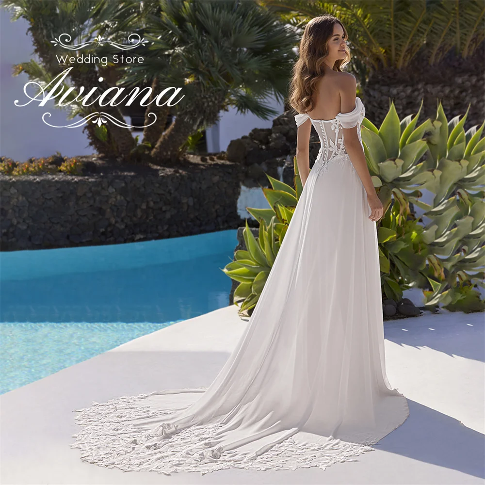 Aviana مخصص الحبيب قبالة الكتف فستان الزفاف المستقيم الدانتيل يزين التطريز مشد سويب تراين طول الأرض 2025