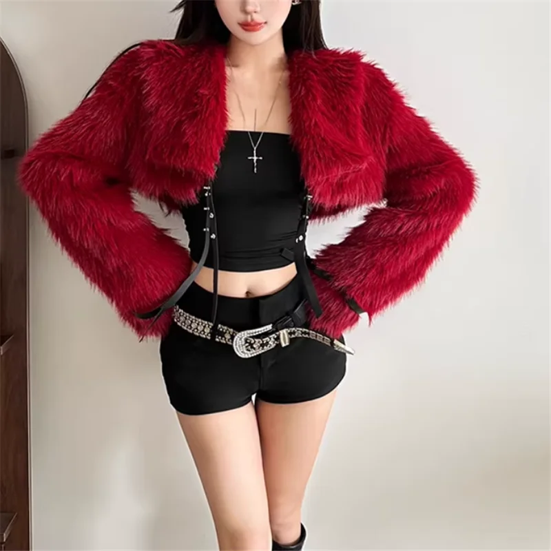 New Year Holiday Red Soft Fluffy Short Coat New Fall Winter Lapel Collar Faux Fur Mini Jacket Long Sleeve Warm Shawl Cardigan