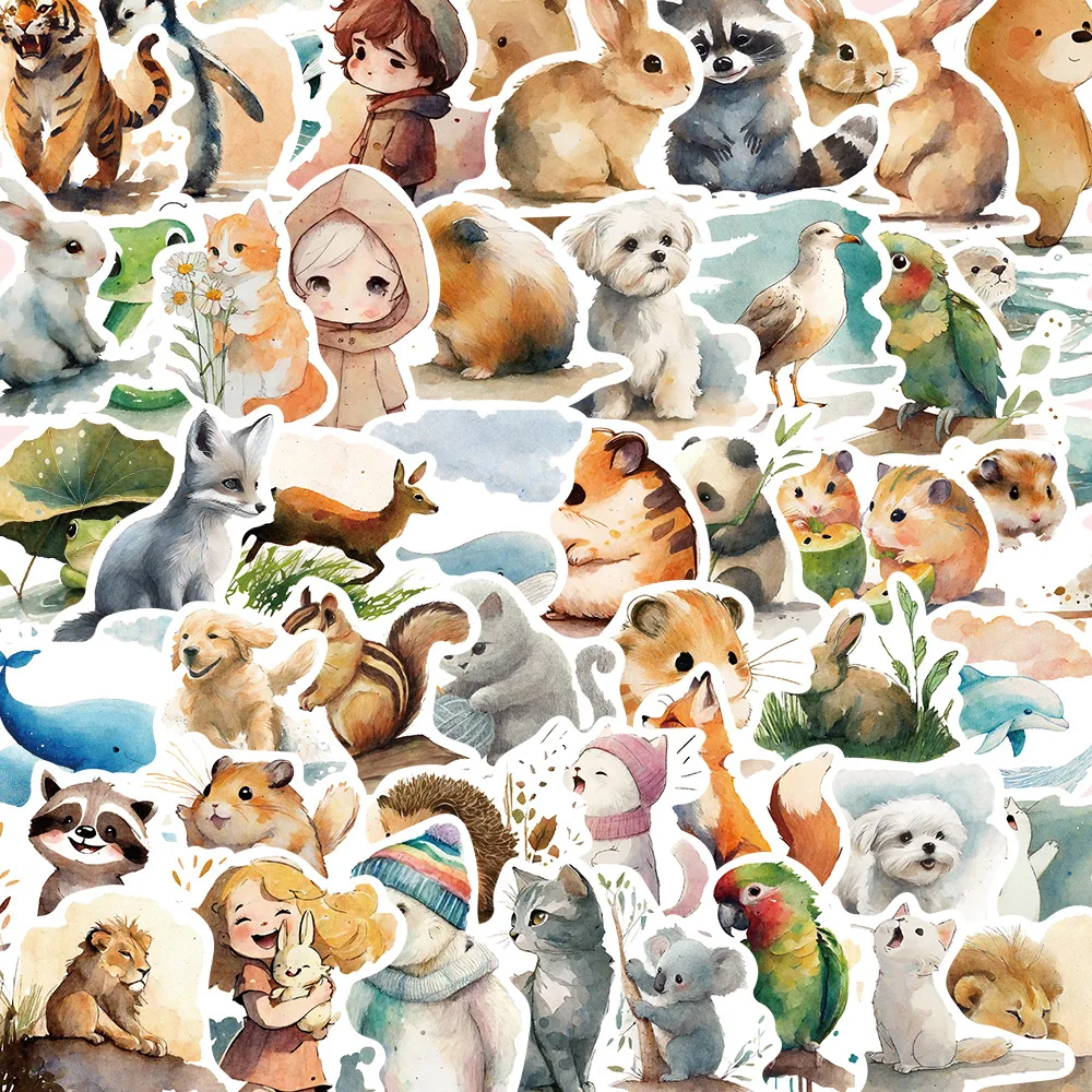 10/30/50pcs Cartoon animal children's watercolor illustrations Decoration Gift For Kids DIY Notebook Phone Bike Laptop stickers