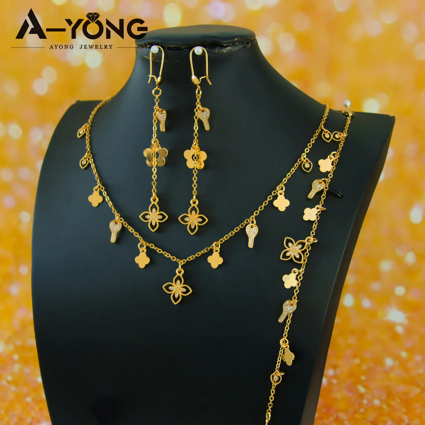 Italian Elegant Gold Color Bead Flower Necklace Set 21k Gold Plated Dubai French Women Bridal Cocktail Party Jewelry Gifts