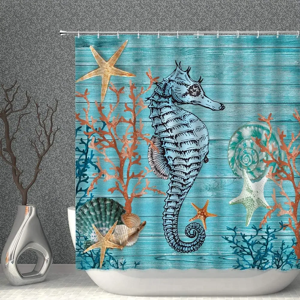 Seahorse By Ho Me Lili Shower Curtain Ocean Animal Marine Plants Rustic Wood Deck Teal Decor Bathroom With Hooks