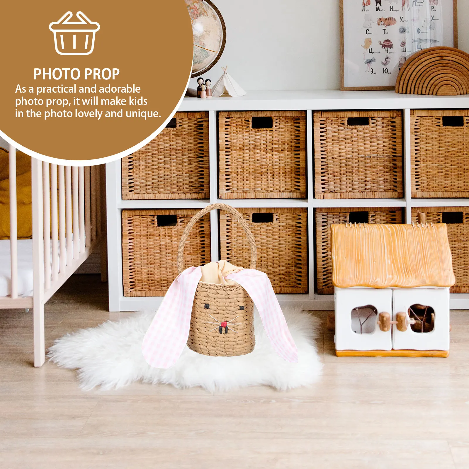 

Rattan Woven Rabbit Children Handbag Cute Storage Basket Decorative Photo Prop Practical Outdoor Travel