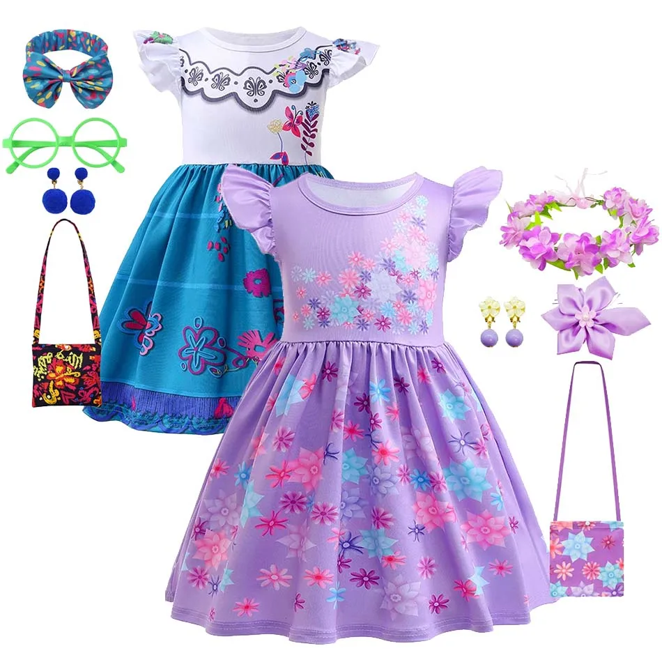 Encanto Isabela Costume Mirabel Charm Princess Outfits Girls Dress Cosplay Baby Flare Sleeves Kids Clothes Vestido Bag 2-10T