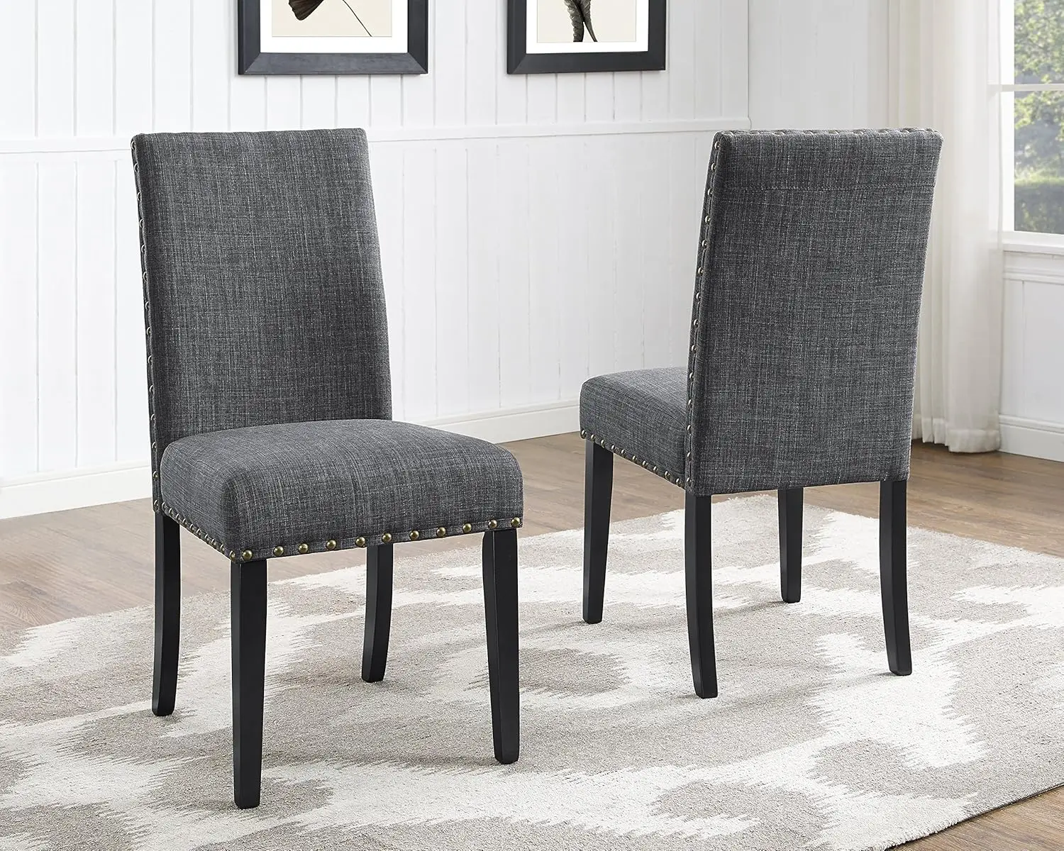 Biony Gray Fabric Dining Chairs with Nailhead Trim, Pack of 2