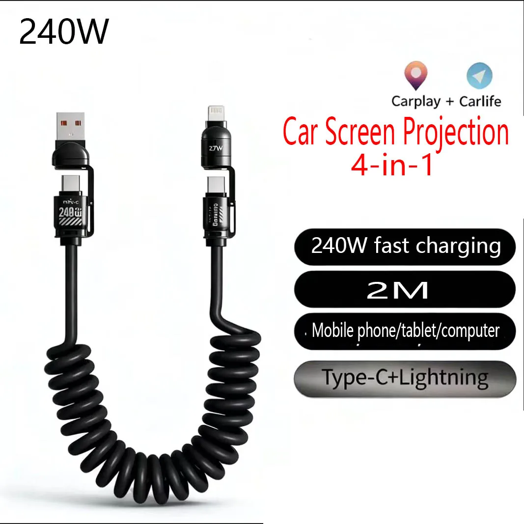 240W PD Fast Charging Telescopic Spring Cable with USB A/USB C to LT/Type C Extension Data Cable for iPhone iPad Laptops