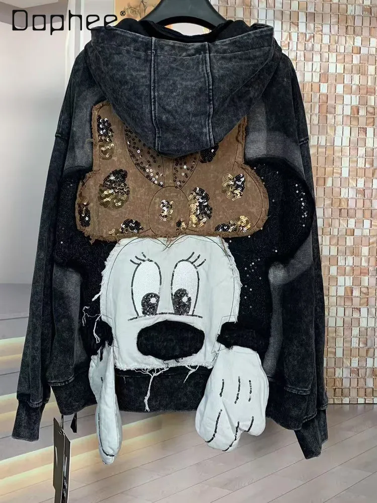 2025 Autumn Winter New Loose Cartoon Sweatshirts Women Fashion Heavy Embroidery Cartoon Hoodie Jacket Streetwear Women