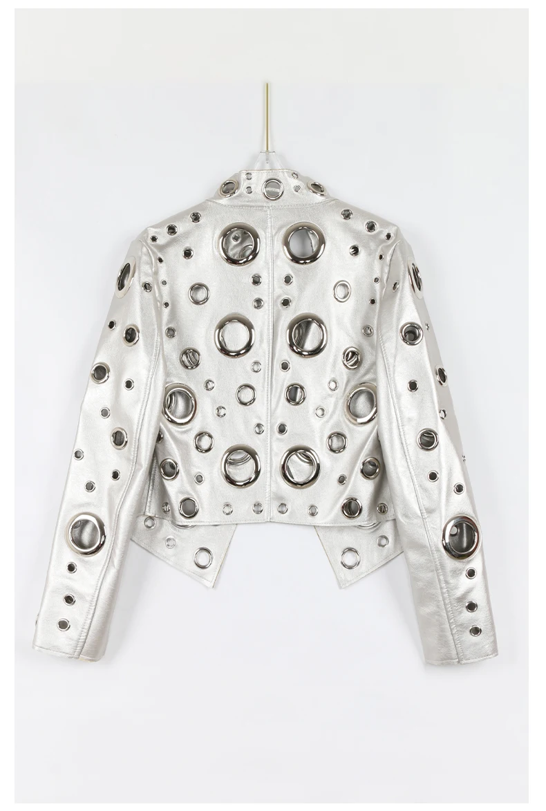 Nerazzurri Spring Autumn Short Hollow Out Pu Leather Jacket Women Rivet Cool Stylish Luxury Designer Clothes Runway Fashion 2024