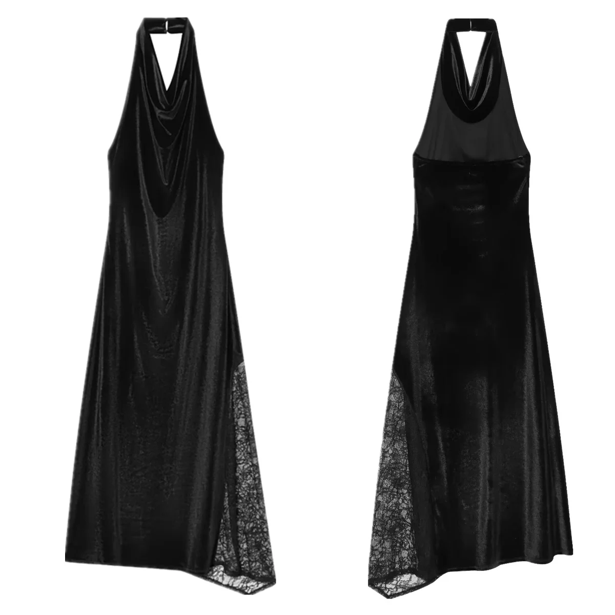 

Maxdutti Winter Vestidos Minimalist French Elegant Velvet Lace Splicing Halter Dress Christmas Party Bareback Sexy Midi Womens D