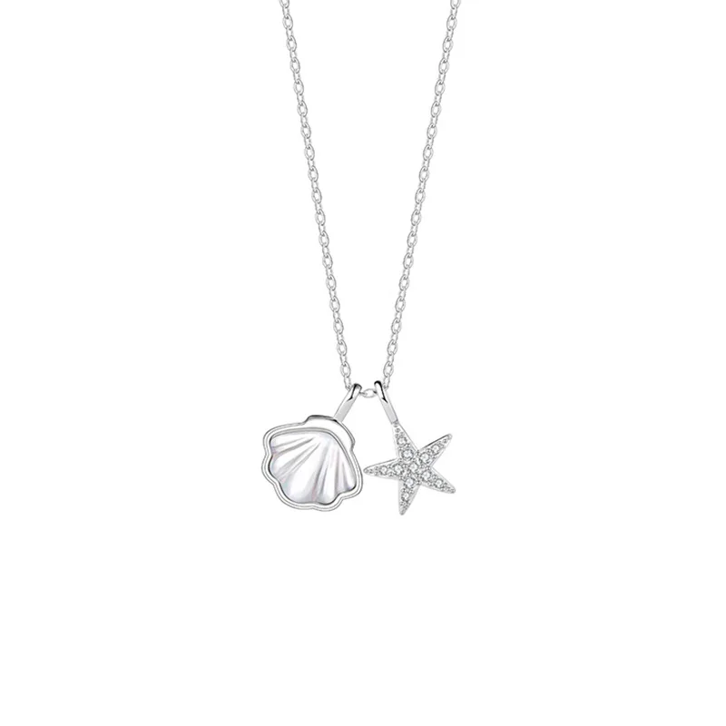 Real Money 925 Sterling Silver Crystal Fishstar Shell Pendant Necklace for Women Clavicle Chain Birthday Party Jewelry Gift