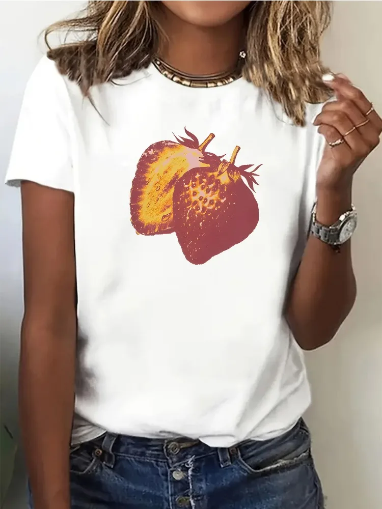 

Ladies' Art Geometry Strawberry Printed Short Sleeve T-shirt Round Neck Casual Wear Four Seasons Cute Design Pure Cotton Top