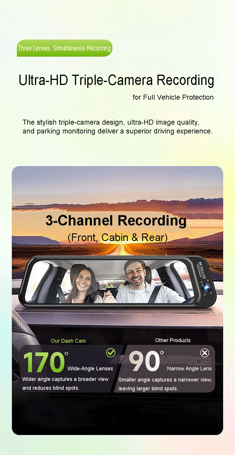 3-Linsen-Fisheye-Streaming-Dashcam 4K mit Volltouchscreen, App-Steuerung, 24-Stunden-Parkmodus, Bewegungsmelder, G-Sensor, Zeitraffer und Datenschutz-Aufnahme – Detail 3